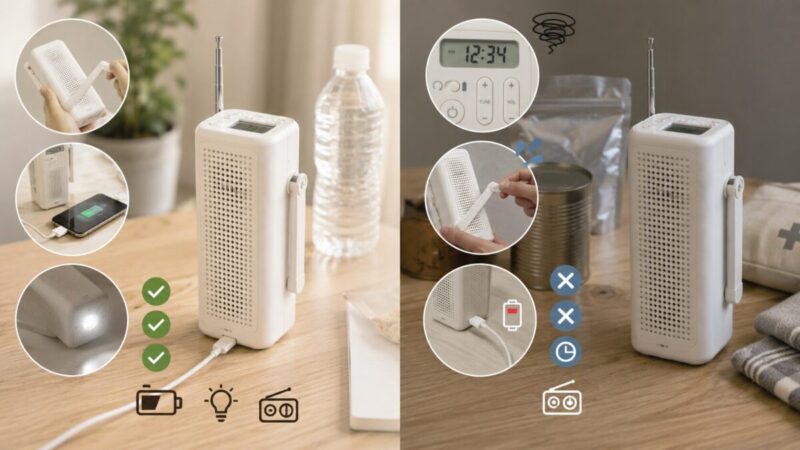 手回し充電ラジオのメリットと気になる点を比較したイメージ