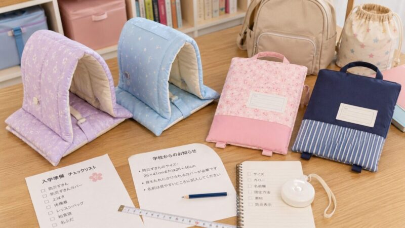 防災頭巾の本体とカバーを学校指定サイズに合わせて確認する様子