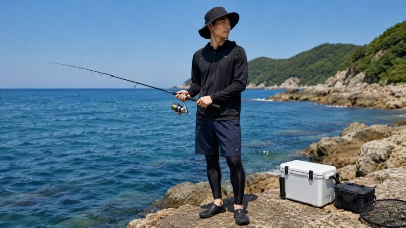 黒とネイビーのラッシュガードを着た男性が海辺で釣りをするイメージ