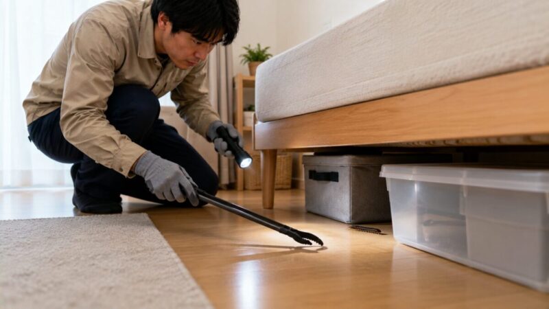 懐中電灯と長いトングを使い、ベッド下と収納ケースの周辺を確認する人。