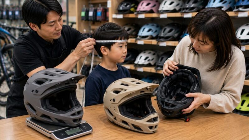 子供の頭囲を測り、フルフェイスヘルメットの重さと内装を比較する様子