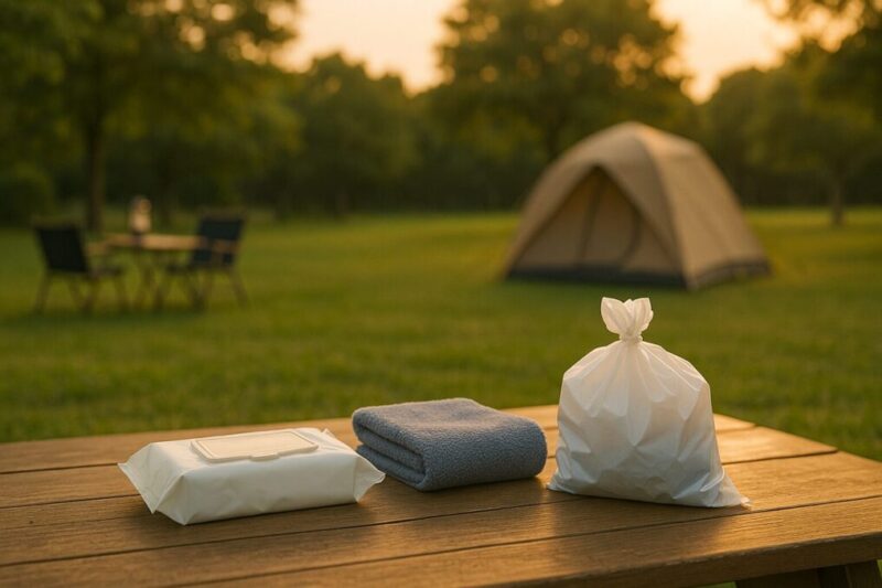 シャボン玉液の拭き取りと片付けを想定した道具一式のイメージ