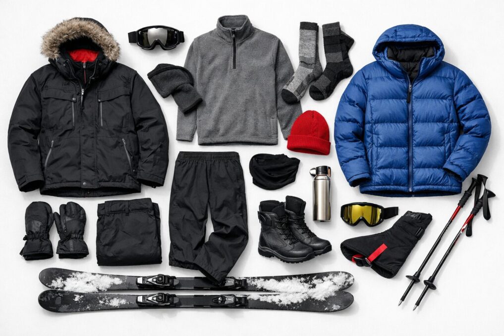スキーウェアを代用するときに必要な防寒アイテム一式を並べたイメージ