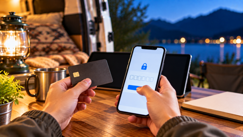 クレジットカードを確認しながらスマホで本人認証を行っている様子