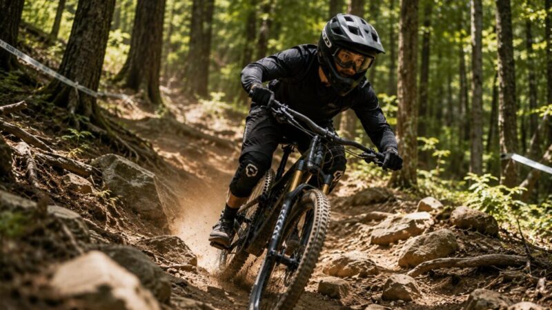 フルフェイスヘルメットを着用して森林のダウンヒルコースを走るMTBライダー