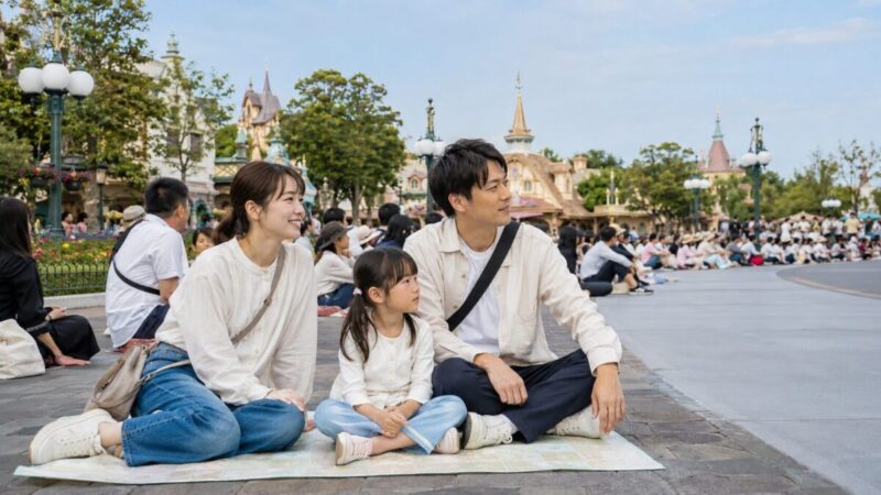 テーマパークの待機エリアで家族がレジャーシートに座って待っている様子