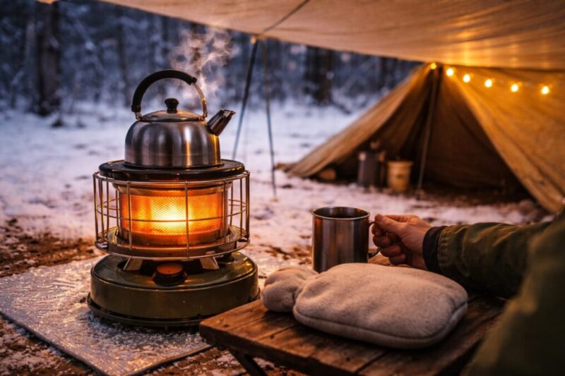 冬キャンプで小型ストーブの上にやかんを置き、お湯を沸かして飲み物や湯を確保している様子