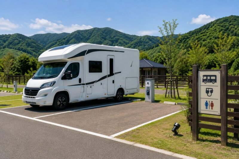 RVパークの広い区画に停めたキャンピングカーと電源設備を確認している様子