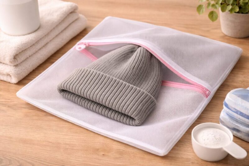 ニット帽を洗濯ネットでケアするイメージ