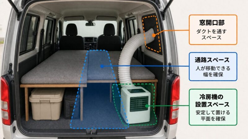 軽バンの荷室を後方から見た構図で、ベッドと通路、小型冷房機の置き場や窓開口の関係を示したイメージ図