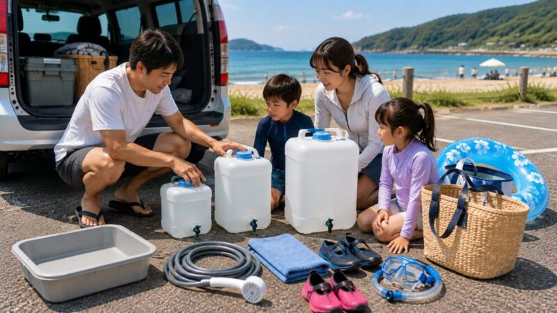 海水浴で洗う人数と範囲に合わせて容量の異なる水タンクを比較する家族