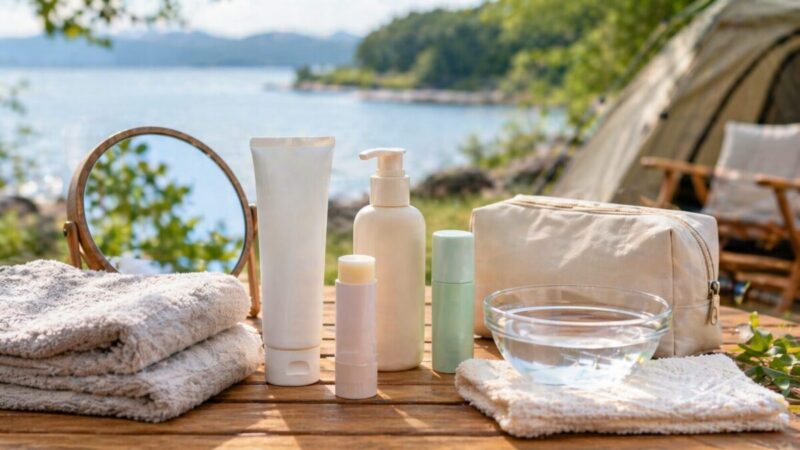 湖畔のキャンプ場で、やさしい雰囲気の日焼け止めやタオル、鏡、ポーチを並べて肌への負担に配慮したUVケアをイメージした写真