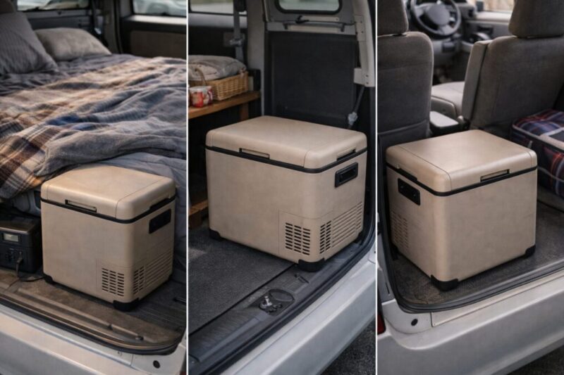 車中泊で冷蔵庫を置きやすい位置を示したレイアウト例