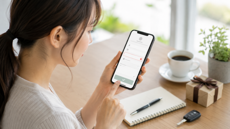 スマートフォンのホテル予約フォームで入力エラーを確認する旅行者
