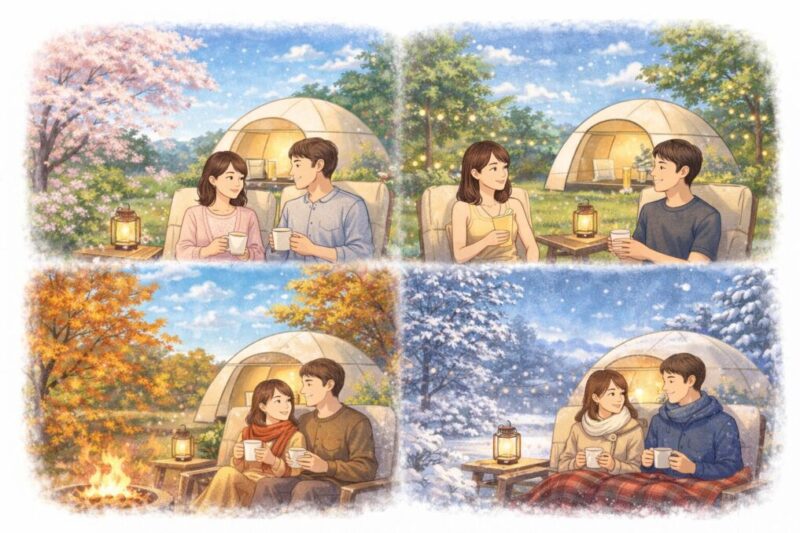 季節ごとに快適さが変わるグランピングの比較イメージ
