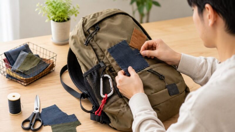 使わなくなったリュックをキャンプ道具入れとして再活用する様子