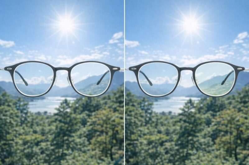 強い日差しの屋外で、クリアレンズと薄色レンズの見え方の差を比べたイメージ