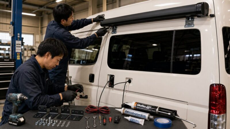 ハイエースへブラケットと12V配線を使って電動サイドオーニングを取り付ける作業
