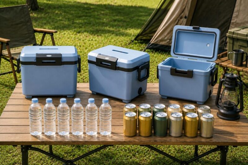 キャンプ場で小型クーラーボックスを正面、斜め、フタを開けた状態で並べ、ペットボトルや缶飲料の収納量を確認している様子。