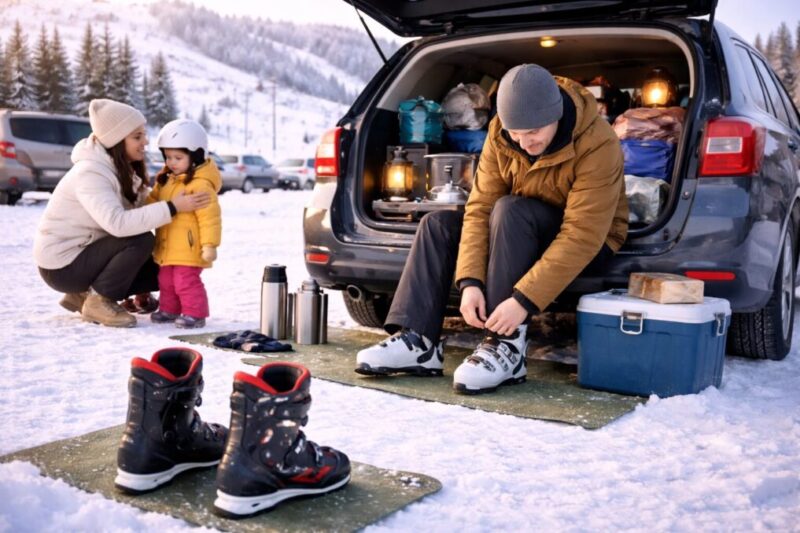 冬の外遊びや車中泊遠征で快適な足元づくりを考えるスキーブーツのイメージ