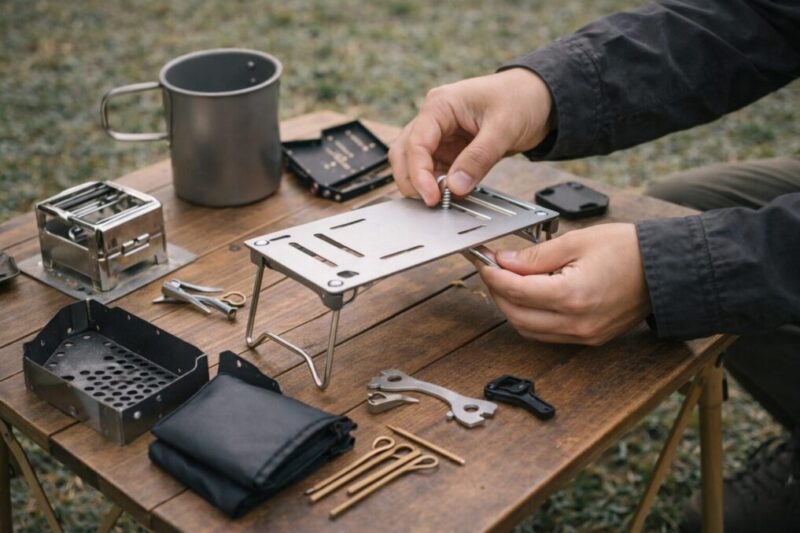 こだわり系のキャンプギアを組み立てているイメージ