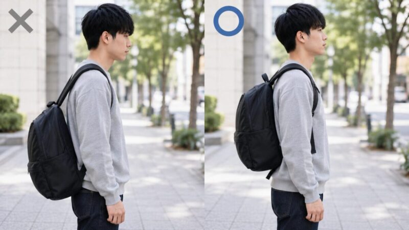 男性のリュックは背負う位置で印象が変わる比較画像