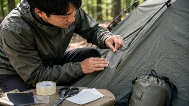 森のキャンプ場で、テント生地の裂け目に透明な補修パッチを貼って応急補修する男性