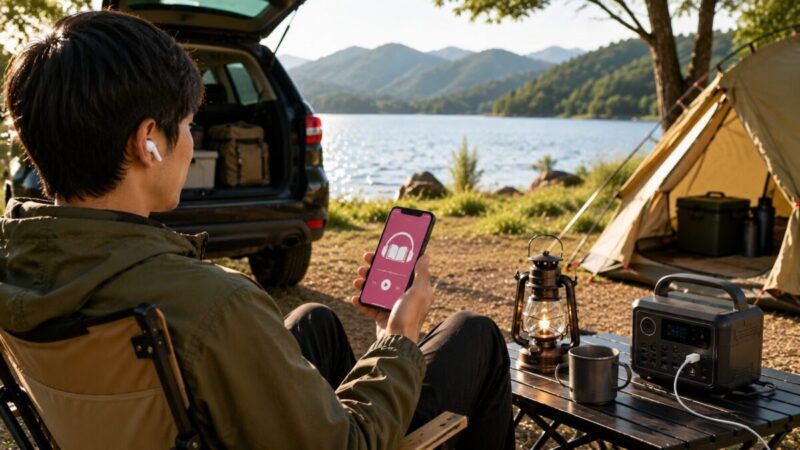 湖畔キャンプでスマートフォンのオーディオブックを聴く男性