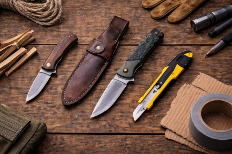 折りたたみナイフとシース付きの刃物、カッターを並べて用途の違いが分かるように比較した俯瞰イメージ