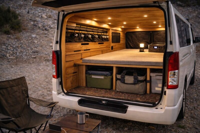 収納やベッド、照明が統一感ある内装にまとめられた完成車風の外遊び向けバン