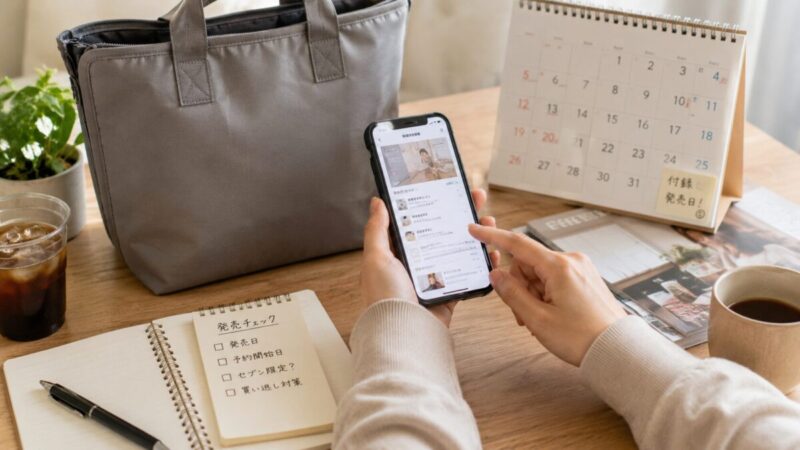 雑誌付録の発売日をスマホとカレンダーで確認する様子
