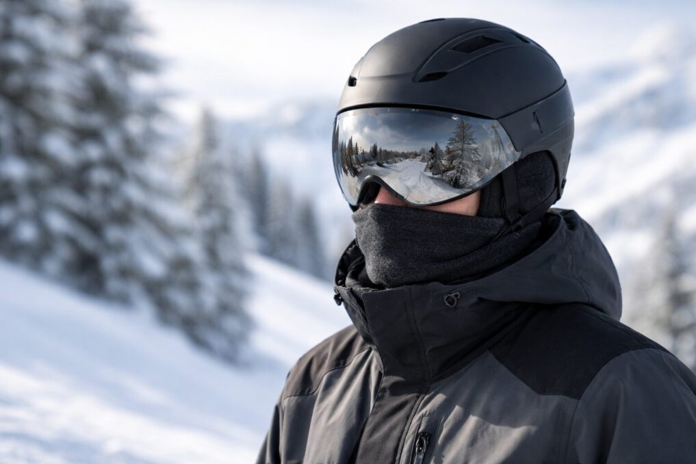 バイザー付きヘルメットで快適に滑るスノーボーダーのイメージ