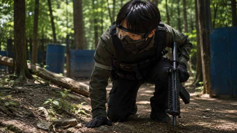 森林フィールドで視界を確認するサバゲープレイヤーとクリアレンズゴーグル