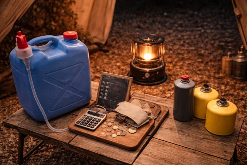 灯油タンクとメモ帳、電卓を使って燃料の消費量やコストを把握している様子