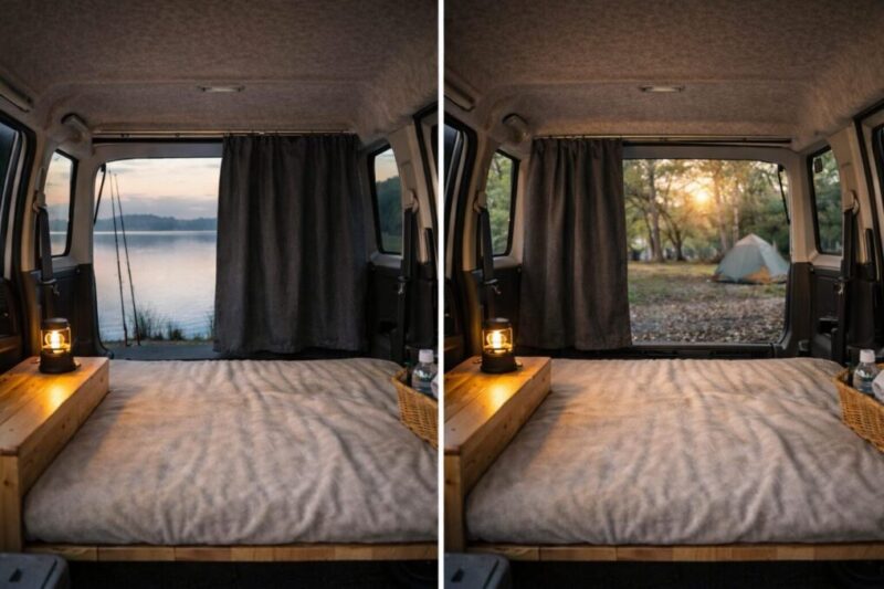 キャンプ前泊に使いやすい簡易目隠しを整えた車内