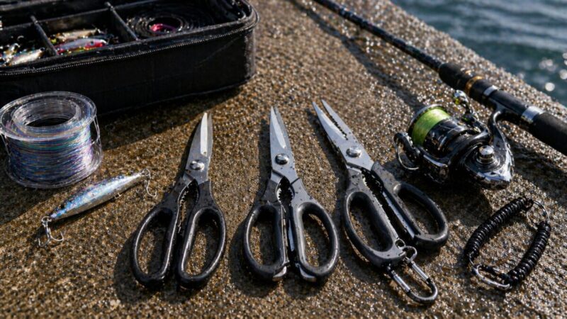 堤防で、形の異なる釣り用ハサミを並べて、初心者向けに選びやすさを比較している様子