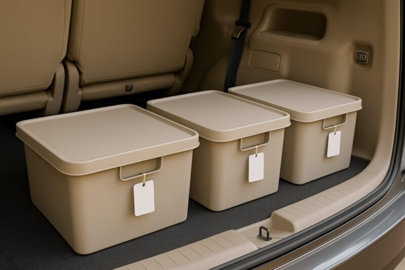 収納ボックスを同サイズで揃えて車内を整理するイメージ