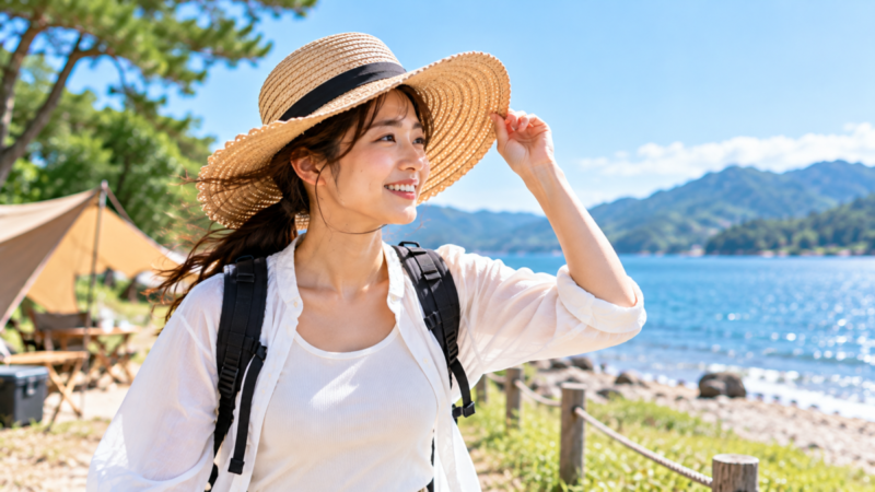 夏の湖畔で風に飛ばされないよう麦わら帽子のつばを手で押さえる女性