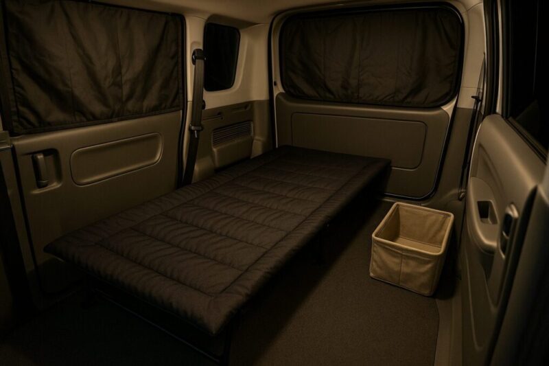 出入り動線を残してコットを配置した軽自動車の車内レイアウト例。