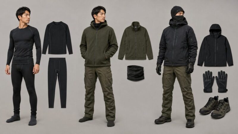 冬のサバゲー服装でインナー中間着アウターを重ねるレイヤリング例