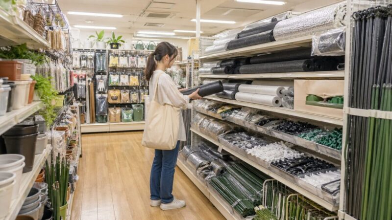 遮光ネットや園芸用品を探すために複数の売り場を確認するイメージ