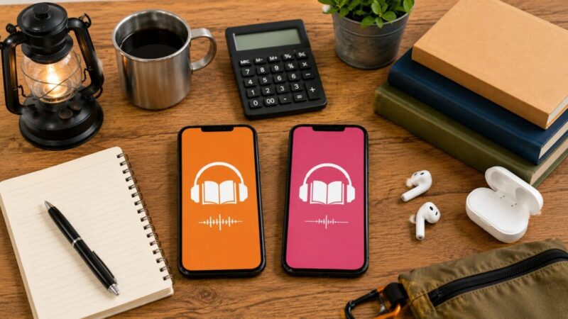 オーディブルとオーディオブックの料金や作品やサービス内容をスマートフォンで比較するイメージ
