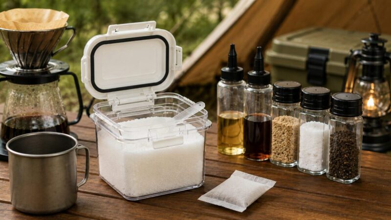 キャンプ用テーブルで砂糖を密閉容器に入れて湿気対策している様子