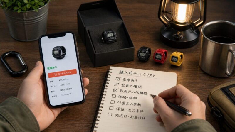 在庫あり表示と型番を確認しながら小型デジタルリング時計を探す様子