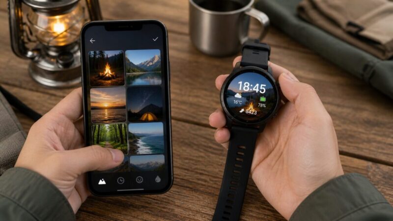 スマホの写真を使ってスマートウォッチの文字盤を作成しているイメージ