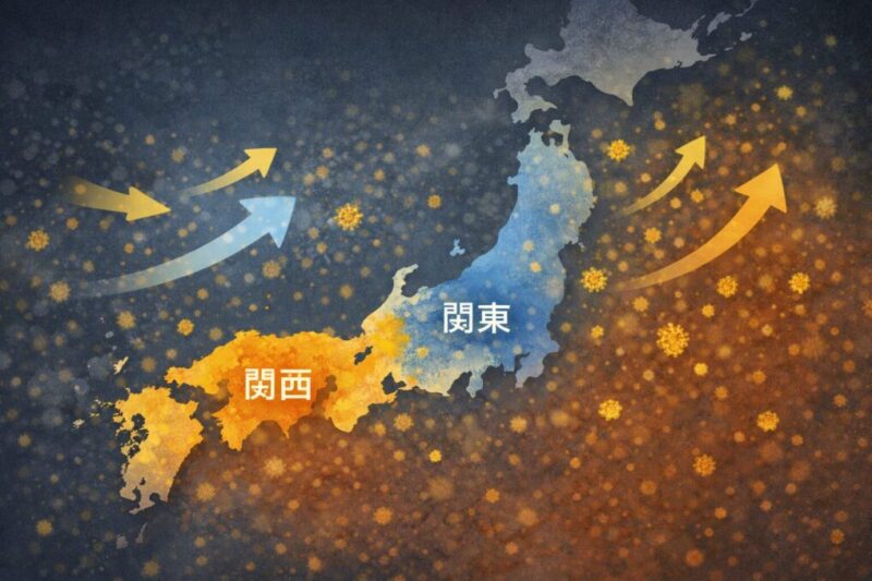関東と関西の花粉体感差を地図と風向きで示すイメージ