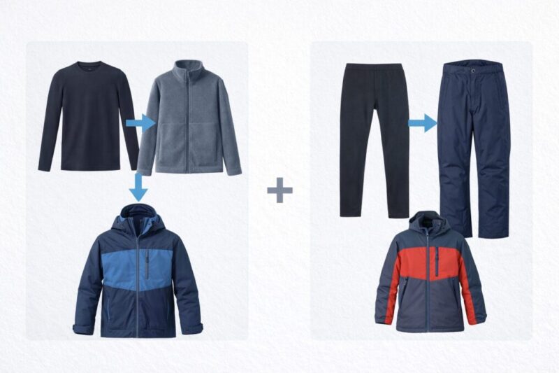 スキーの上半身と下半身の基本3層レイヤリングを示す図解