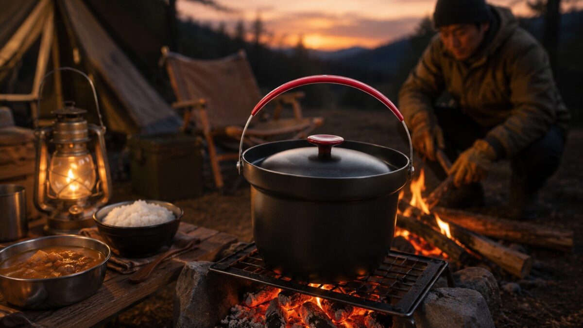 焚き火台の上で黒いライスクッカーを使い、夕暮れのキャンプ場で炊きたてご飯を楽しむ様子