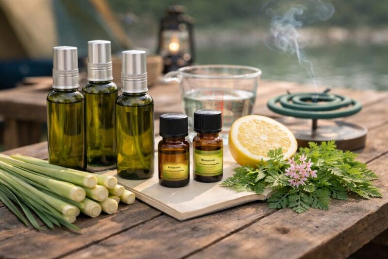 レモングラスとシトロネラを組み合わせた虫よけの材料がテーブルに並んでいる様子