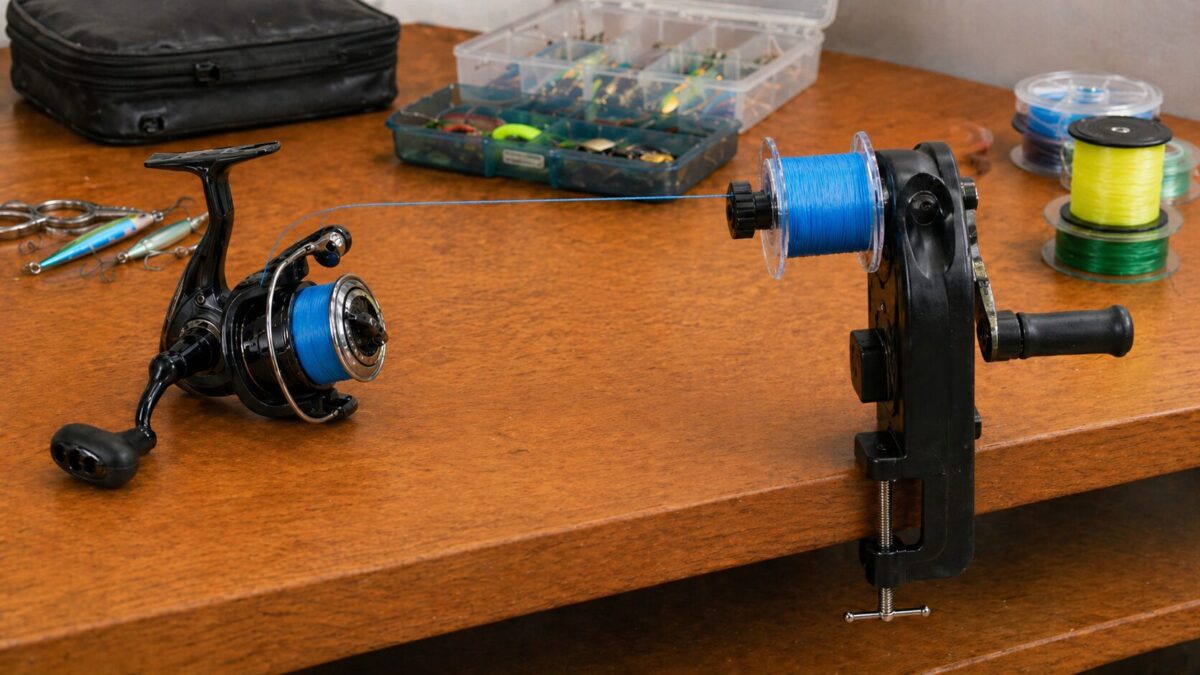 自宅のテーブルでラインリサイクラーを使い、青いPEラインをスピニングリールへ巻き替えている準備風景。
